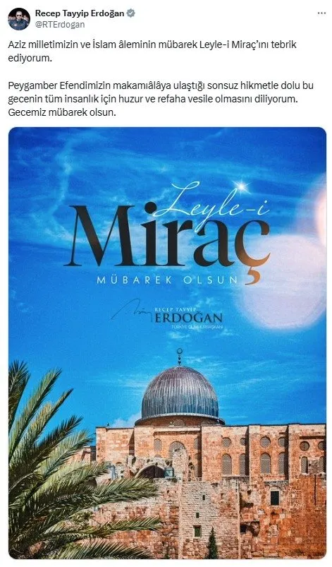 Başkan Erdoğan’dan Miraç Kandili mesajı