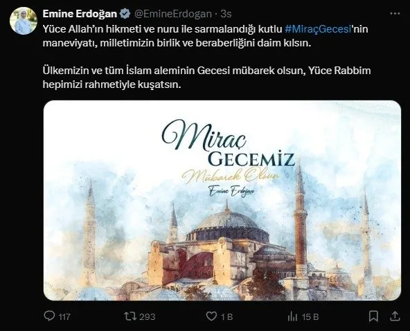 First Lady Emine Erdoğan’dan, Miraç Kandili mesajı