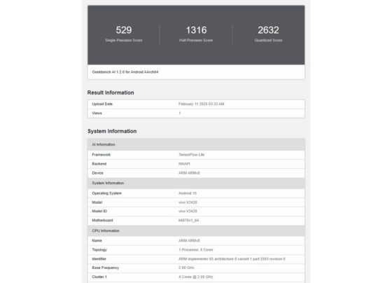 vivo V50e, Geekbench AI veri tabanında göründü