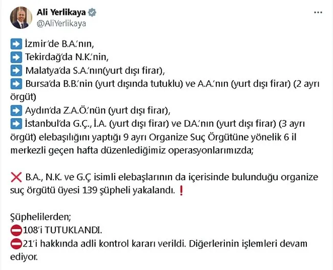 6 il merkezli suç örgütü operasyonu: 108 tutuklama