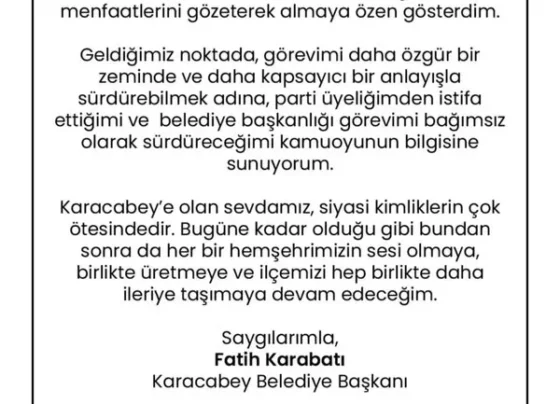 İYİ Partili belediye başkanı partisinden istifa etti: Görevimi daha özgür bir zeminde sürdürmek için...