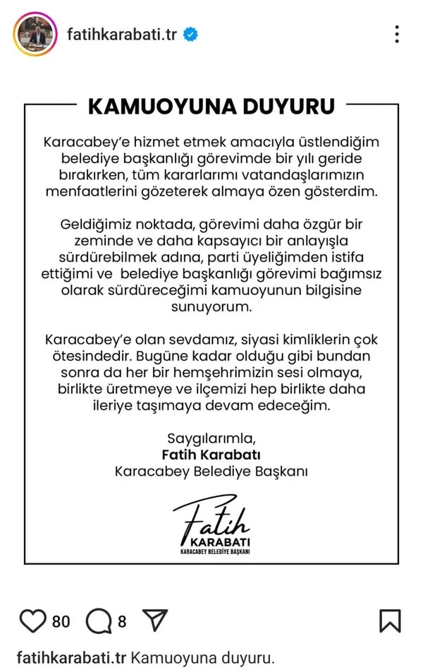 İYİ Partili belediye başkanı partisinden istifa etti: Görevimi daha özgür bir zeminde sürdürmek için…