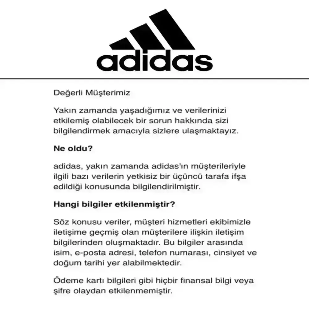 Adidas, Türkiye’deki bazı müşterilerin verilerinin çalındığını açıkladı!