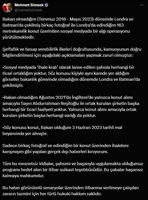 Bakan Şimşek’ten fondaş medyanın iddialarına yalanlama: Mesnetsiz iddialarla itibar suikastı