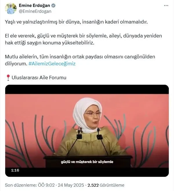 Emine Erdoğan’dan ”Uluslararası Aile Forumu’ paylaşımı
