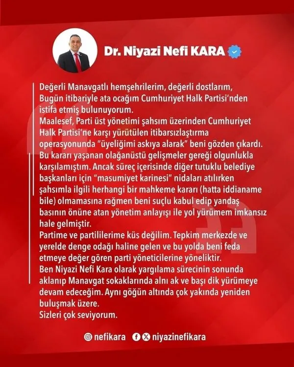 SON DAKİKA | Manavgat soruşturmasında tutuklanmıştı: CHP'li Niyazi Nefi Kara partisinden istifa etti