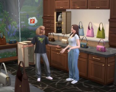 The Sims 4 oyununda Coach çantalarının sergilendiği bir oda.
