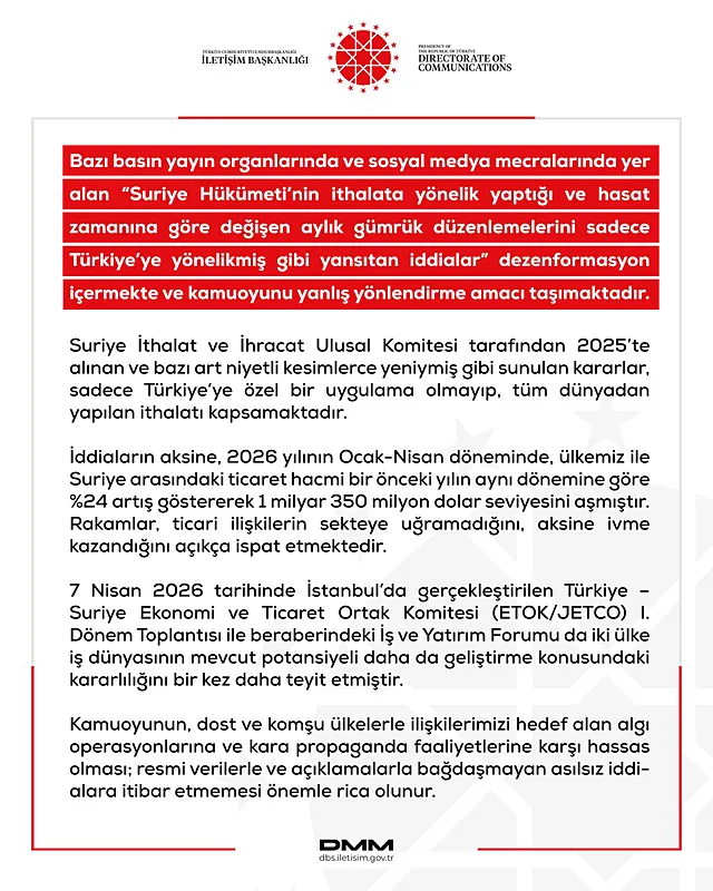 DMM, Suriye’nin aylık gümrük düzenlemesini sadece Türkiye’ye yönelik yaptığı iddiasını yalanladı!