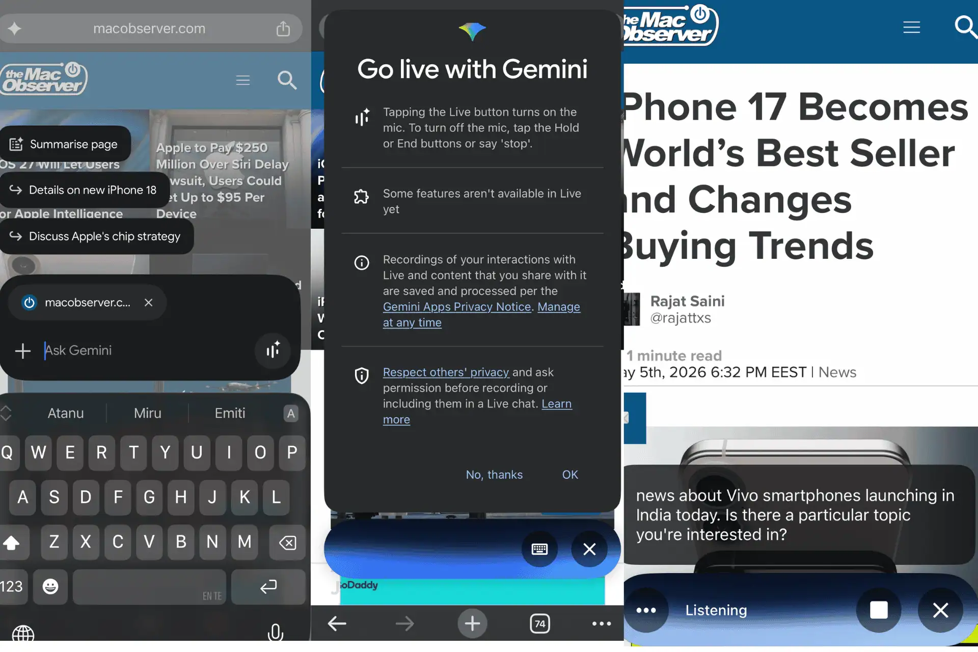 Google Chrome iPhone için Gemini Live Desteği Sunuyor